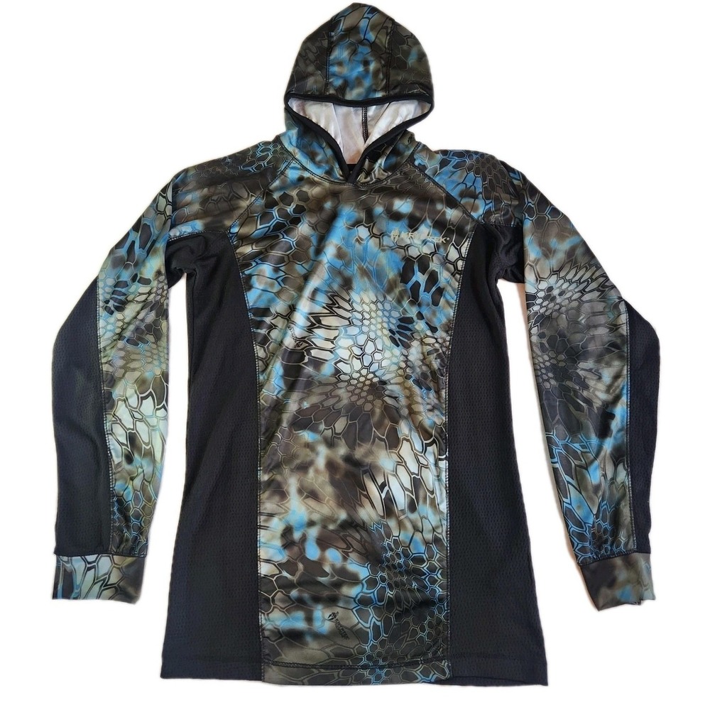 HUK KRYPTEK NEPTUNE Hooded Shirt Mens Small Blue‎ Green Camo Black Fishing